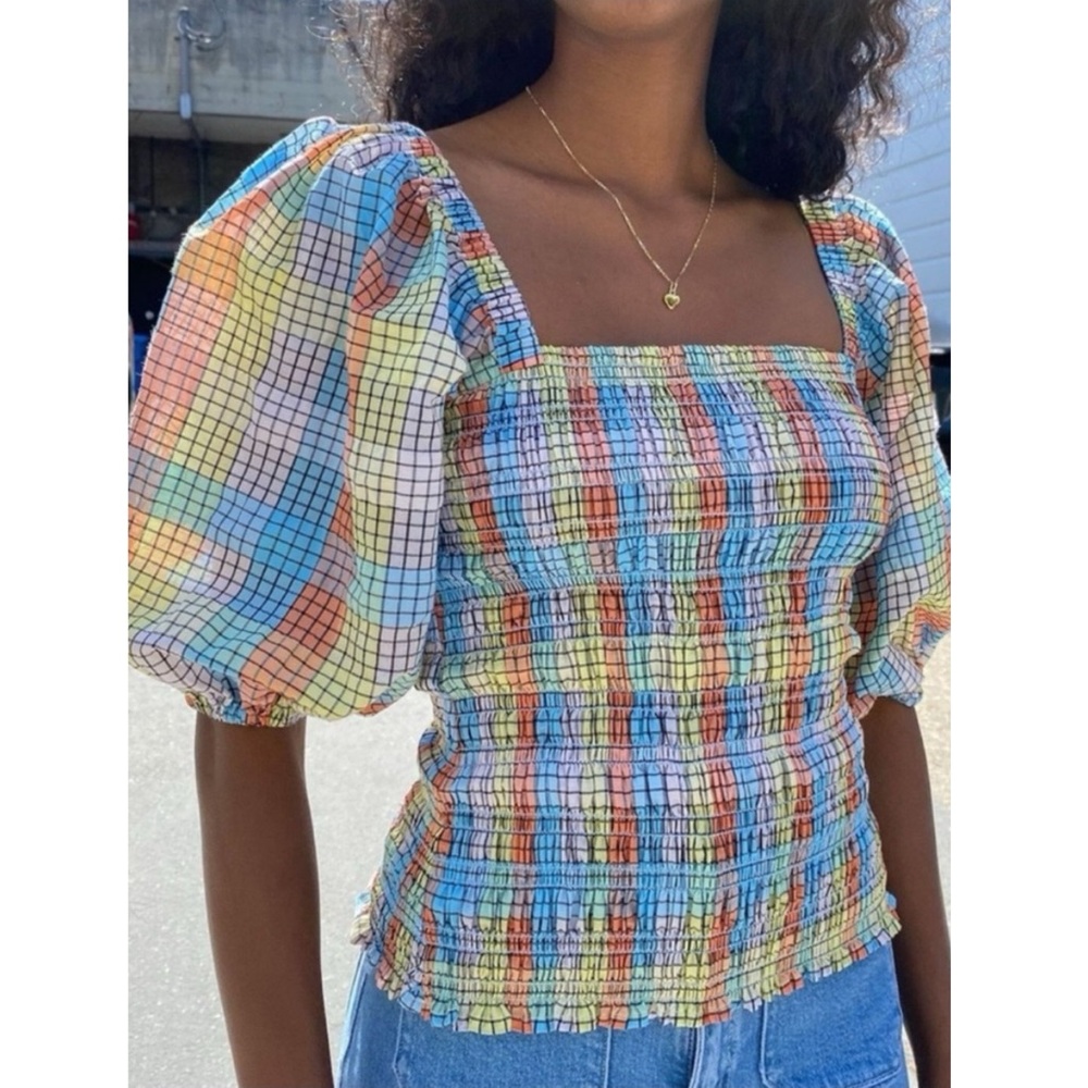 Ganni Plaid Check Seersucker Smocked Top